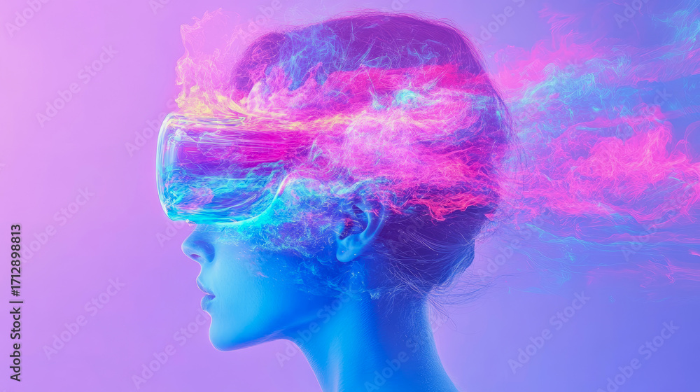Fototapeta premium Immersive Virtual Reality Journey: Profile of Digital Consciousness and Abstract Neon Energy Flowing from Futuristic Headset in Pink and Blue