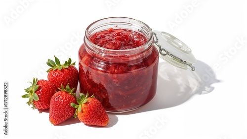 Wallpaper Mural Traditional strawberry jam in an open glass jar accompanied by fresh fruit, displayed on a white background with a reflective shadow. Torontodigital.ca
