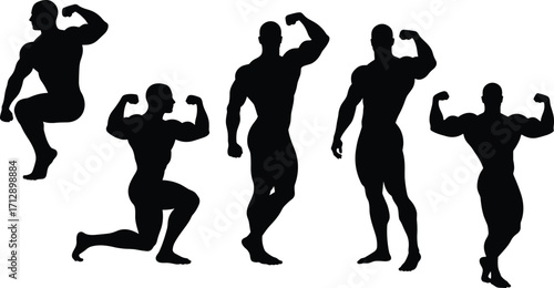 Bodybuilding silhouette poses, muscular man illustration, fitness strength artwork, gym training design, athlete flexing vector, workout graphic, sports competition, health motivation
