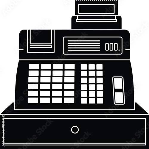 Retro cash register icon in black and white, symbolizing vintage retail, sales transaction, point of sale, business, and commerce tool.