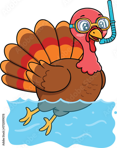 Cartoon Turkey Swimming with Goggles and Snorkel on White Background water