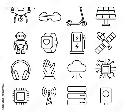 Futuristic technology icons: drone, electric scooter, smartwatch, ai, and solar panel