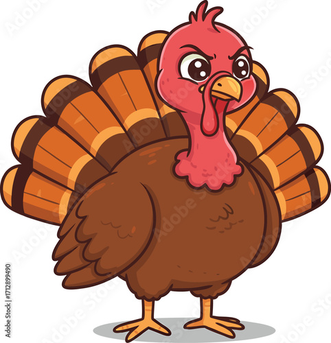 Cartoon turkey with fanned tail feathers and grumpy expression bird animal