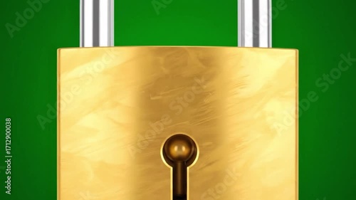 A golden padlock zooming in from distance toward the camera, shiny metallic texture, against a green background.