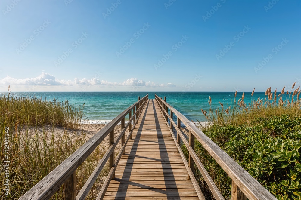 Obraz premium Timber pier by the coastline encircled by tall grasses under a clear sky, summer vibe, natural scenery, wooden structure, seaside view, oceanic beauty, nature landscape
