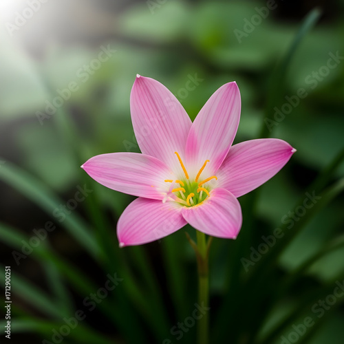 Beautiful pink flower blooming in lush green background