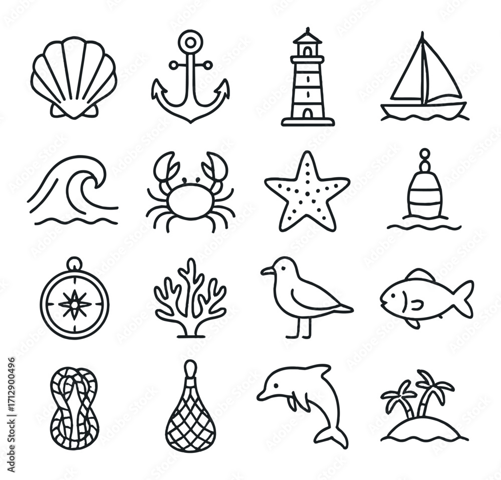 Obraz premium Nautical icons featuring lighthouse, anchor, shell, and marine life elements