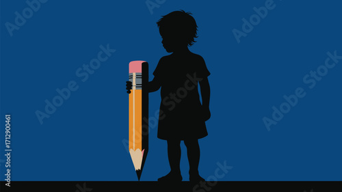 Inspire young minds with creative learning, a child's journey with a giant pencil on blue background