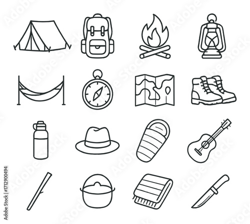 Essential camping gear icons: tent, backpack, fire, lantern, and more