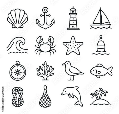 Nautical icons featuring lighthouse, anchor, shell, and marine life elements