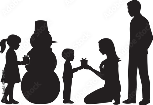 Family celebrates winter holiday with snowman and gifts
