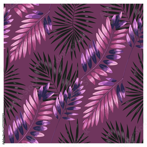 A bold seamless pattern featuring palm fronds and leafy branches in shades of purple, pink, and deep indigo against a rich plum background. This dramatic, fashion-forward design is perfect.