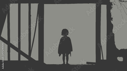 Eerie silhouette of a child standing in the doorway of a spooky old house illustration