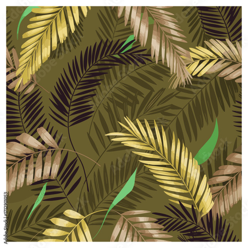 A rich, seamless tropical foliage pattern featuring golden yellow, earthy brown, and deep green palm leaves layered over an olive background. This design has a warm, exotic, and luxurious jungle feel.