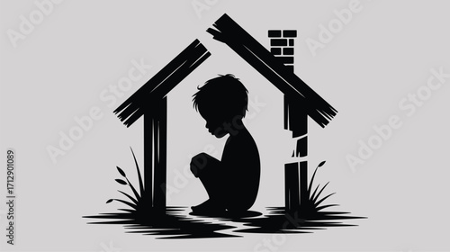 Vulnerable child silhouette in broken home represents homelessness, poverty, social issues, and child welfare