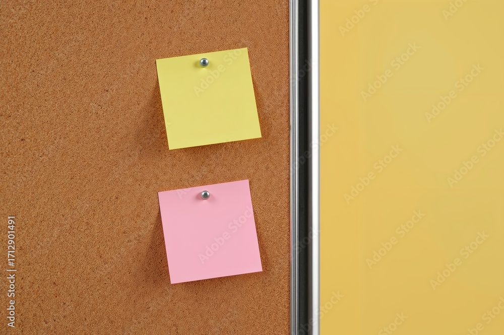 Fototapeta premium Corkboard with yellow and pink sticky notes pinned with tacks, isolated on white background