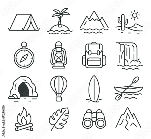 Minimalist adventure icons: camping, hiking, and outdoor activities