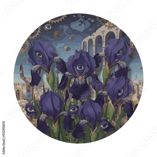 Surreal purple irises with eyes in dreamlike landscape setting  