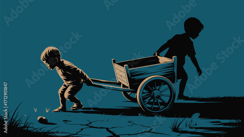 Two young boys pull a cart across a dry field, representing childhood labor and struggle together