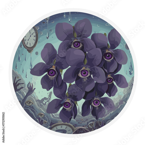 Surreal purple orchids with eyes on abstract background  