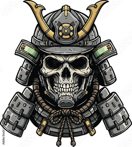 Cyberpunk Samurai Skull Helmet with Mechanical Armor and Rope Detail vector illustration