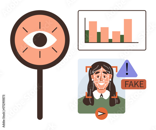 Magnifying glass with eye, graph, and AI-scanned photo labeled fake. Ideal for AI ethics, misinformation, technology development, facial recognition, privacy, data scrutiny simple flat metaphor