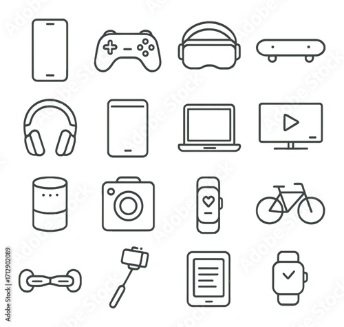 Line art of electronic devices and gadgets icons on gray background
