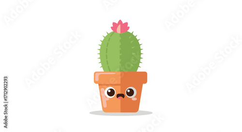 A cartoon cactus with a pink flower and a sad face in a terracotta pot.