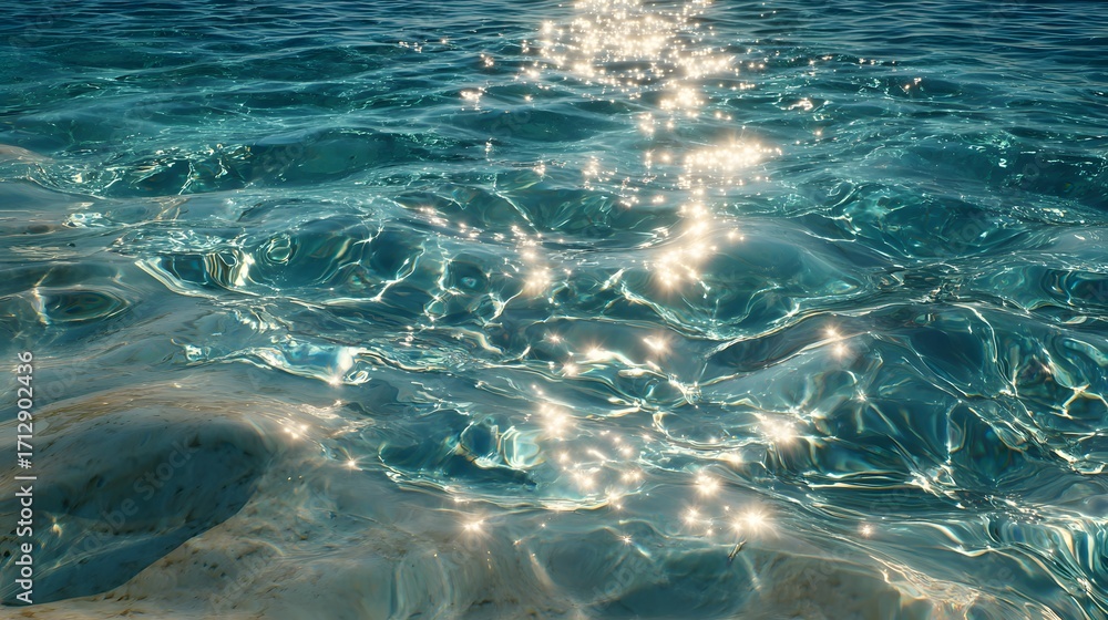 Obraz premium Sunlight Sparkles on Crystal Clear Turquoise Water Over a Sandy Seabed.