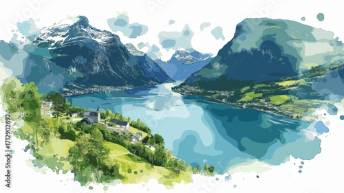 Geirangerfjord. Geirangerfjord watercolor vector illustration
