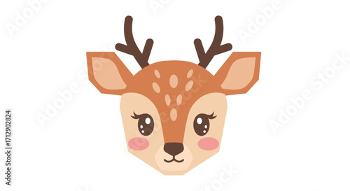 A charming cartoon depiction of a deer's head with detailed features and a friendly expression.