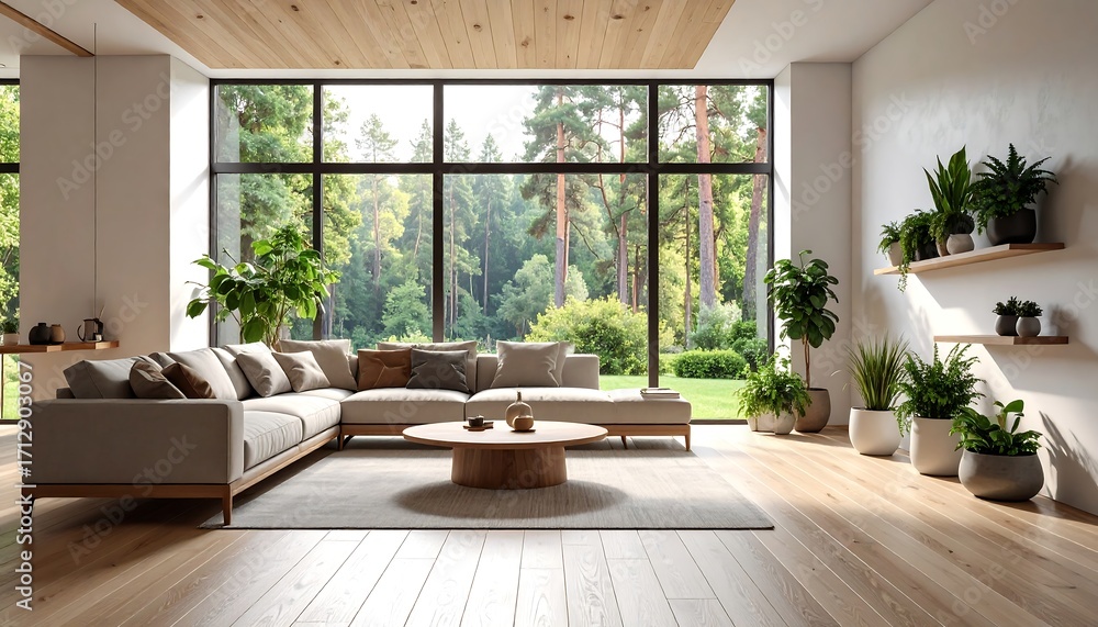 Fototapeta premium Modern living room with forest view
