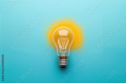 Yellow bulb emitting spray on blue backdrop symbolizing innovation and ideas