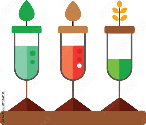 Three test tubes with plants growing in soil representing growth and science on white background