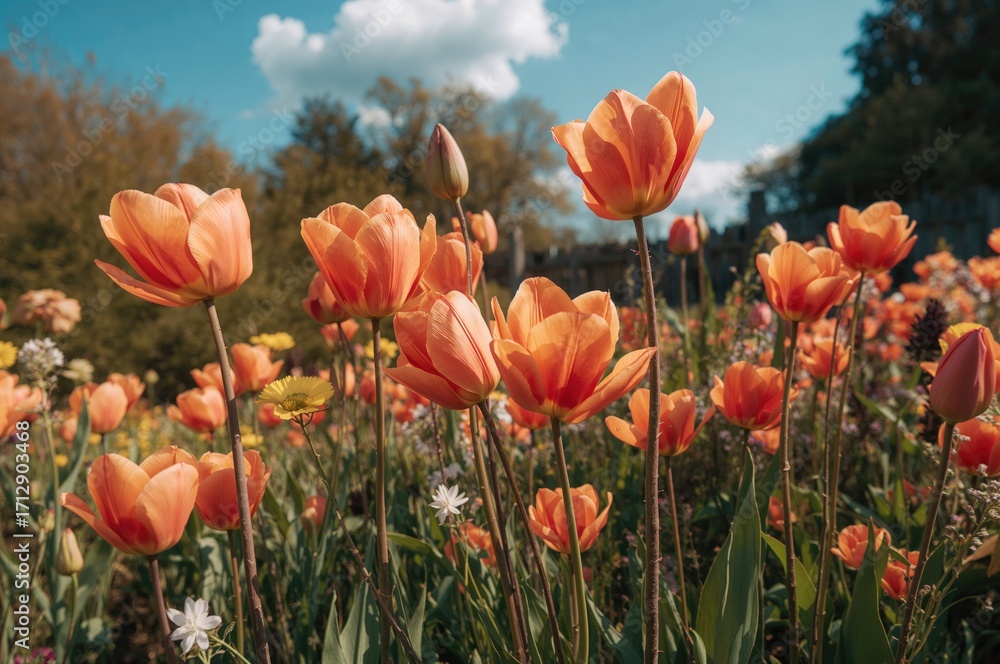 Fototapeta premium Vibrant tulip flowers blossoming in a lush garden setting. Seasonal gardening concept for warm months.