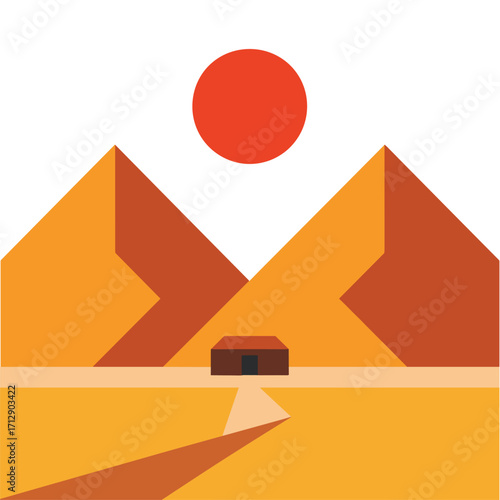 Egyptian Pyramids Vector Illustration with Sun and Desert Landscape Geometric Design
