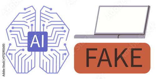 Neural circuit with AI label, laptop, and fake content tag. Ideal for technology, AI ethics, misinformation, machine learning, cybersecurity media analysis digital authenticity. Simple flat