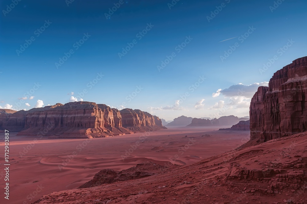 Fototapeta premium Desert scenery featuring massive sandstone formations and bright red sands beneath a clear azure sky