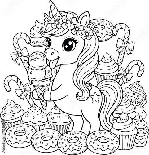 Unicorn surrounded by an assortment of colorful sweets and desserts candy cupcakes