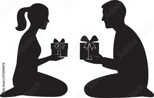 Silhouette of man and woman exchanging gifts on knees