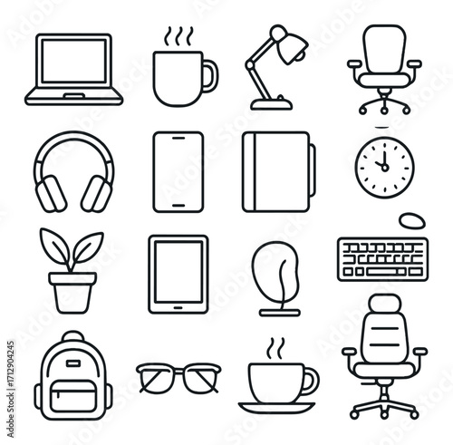 Minimalist office icons set with technology, furniture, and workspace elements