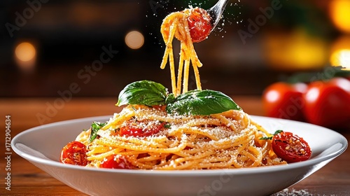 Forkful of spaghetti with cherry tomatoes and basil.