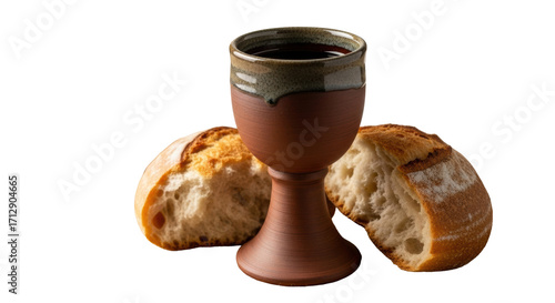 Rustic ceramic chalice with dark wine and artisanal bread, open aged bible blurred, on burlap with soft warm light, close-up with creamy bokeh and copy space, Christian sacrament concept