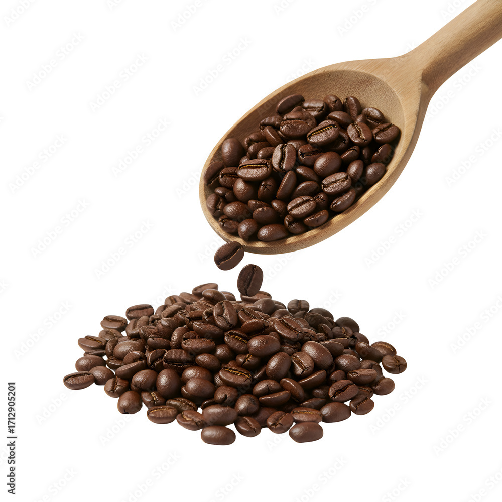 Fototapeta premium Roasted Coffee Beans: Wooden Spoon, Gourmet Coffee, Espresso Beans on white background