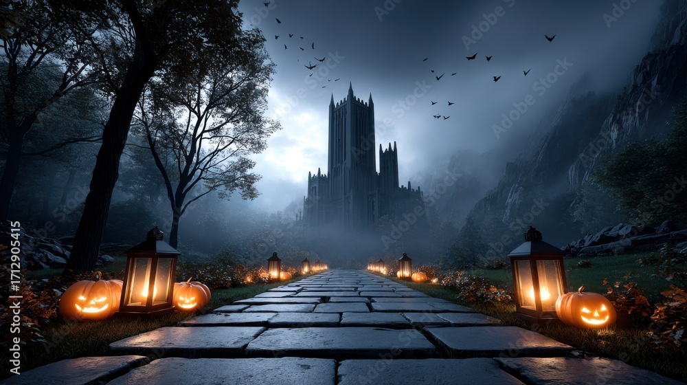 Naklejka premium Spooky Halloween scene featuring carved pumpkins lining a cobblestone path leading to a dark castle under a moonlit sky with bats flying above, creating an eerie atmosphere