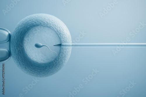 Macro photo showing intracytoplasmic sperm injection into a human egg cell in laboratory conditions. Useful for medical articles, education, healthcare banners, science illustrations.