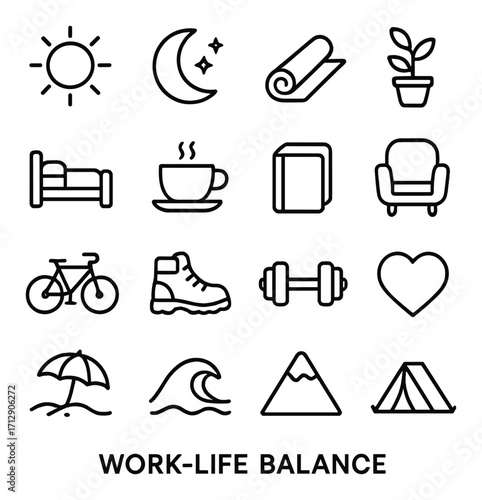 Work-life balance icons: fitness, relaxation, travel, nature, health, hobbies