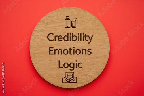 Circular wooden board featuring symbols and the terms Trust Feelings and Reason ethos pathos and logos idea on a crimson backdrop