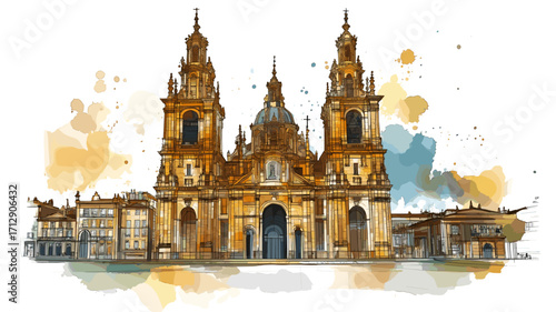 Santiago de Compostela Cathedral. Santiago de Compostela Cathedral watercolor vector illustration