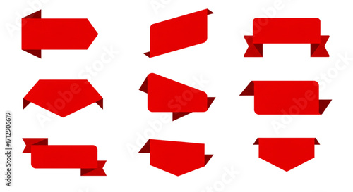 Minimalist Red Ribbon Discount Tags Flat Design Banners with Folded Edges Vector Icons Isolated on White Background